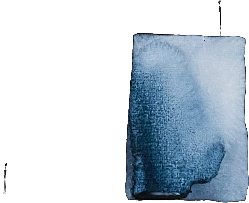Watercolor painting of delicate figures next to a large blue block
