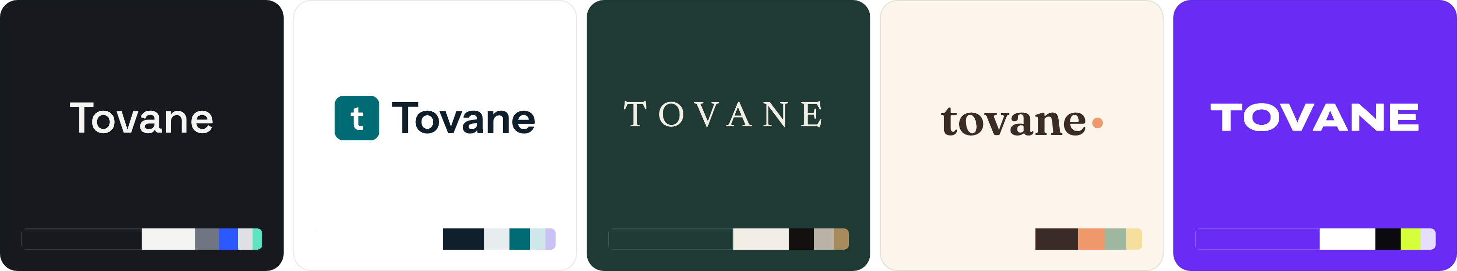 Five logo and colour approaches for the fictional company Tovane