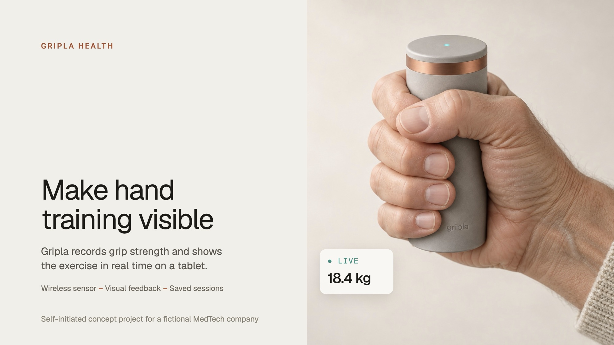 Slide 1: Make hand training visible. A hand squeezes the Gripla sensor while a live reading shows 18.4 kg