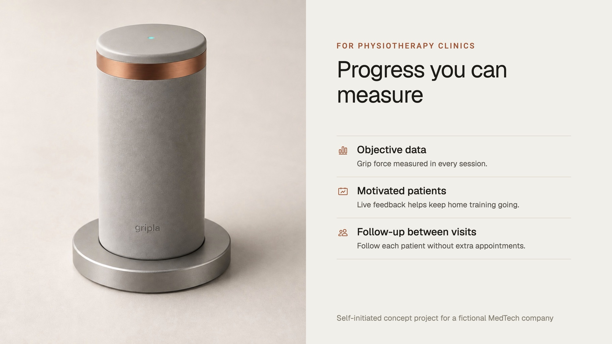 Slide 3: Progress you can measure, the sensor on its dock next to three benefits for physiotherapy clinics