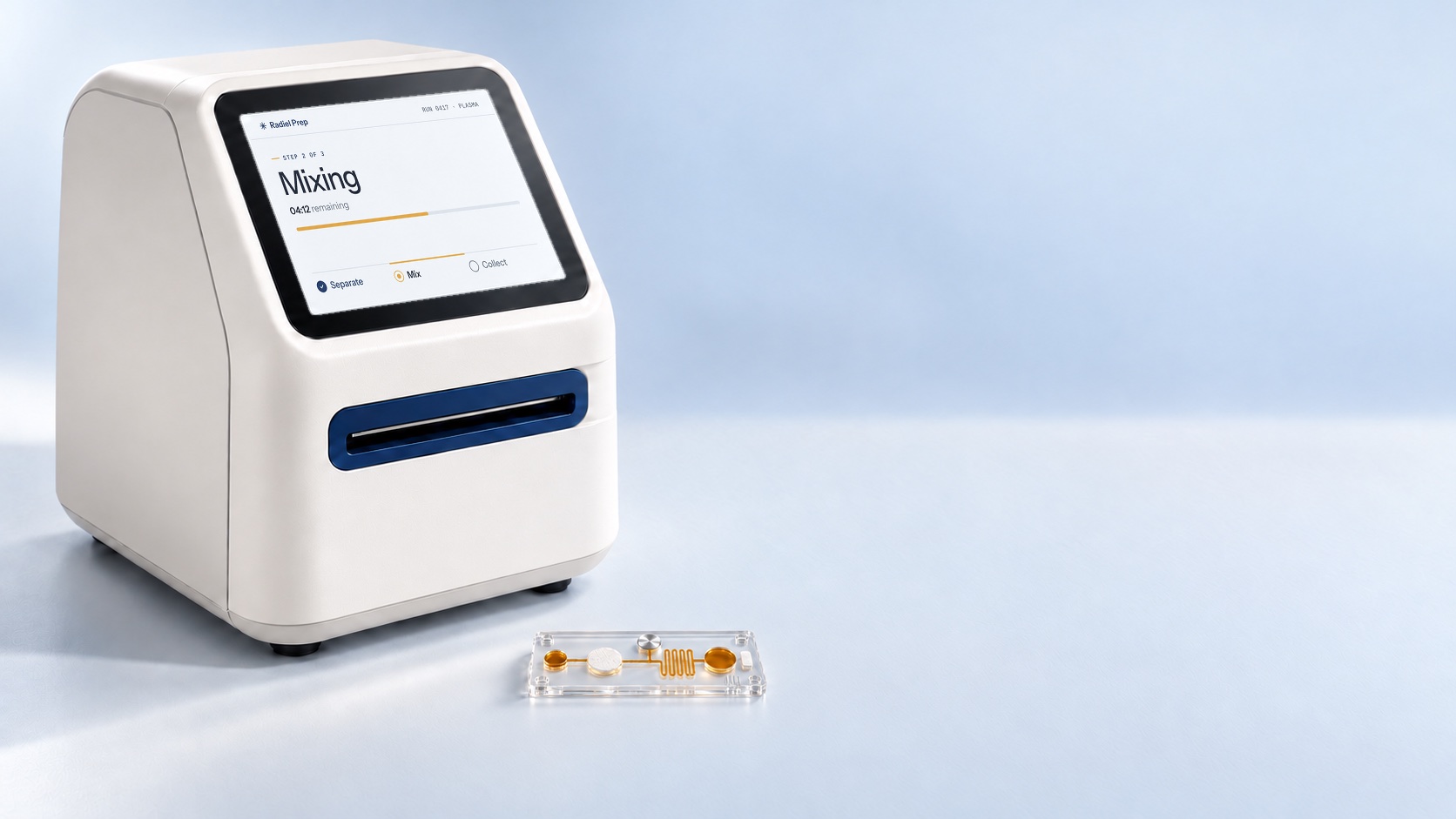 Product image of the Radiel Prep benchtop instrument, its screen showing the mixing step, with a clear cassette in front of it
