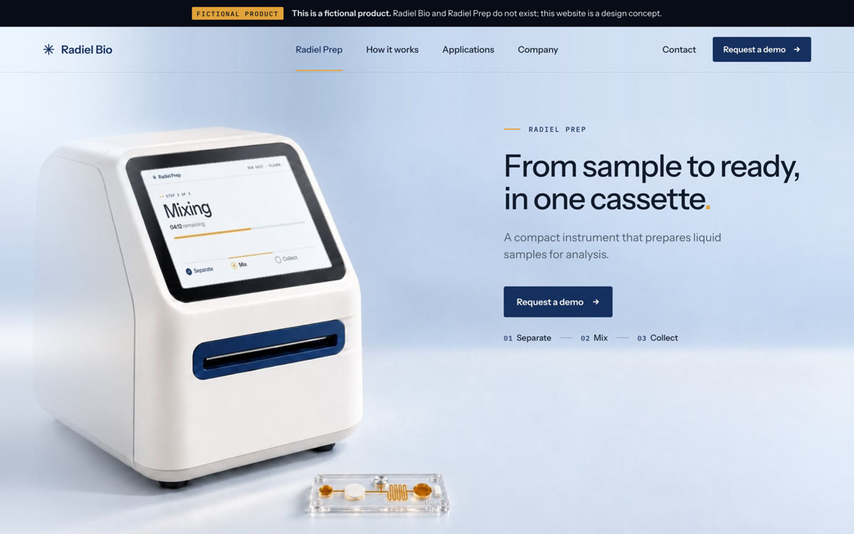 Product website for the fictional Radiel Prep sample-prep instrument