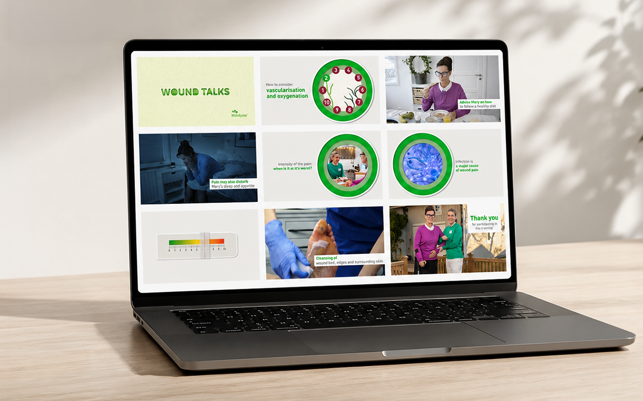 Mölnlycke WoundTalks clinical education course displayed on a laptop screen