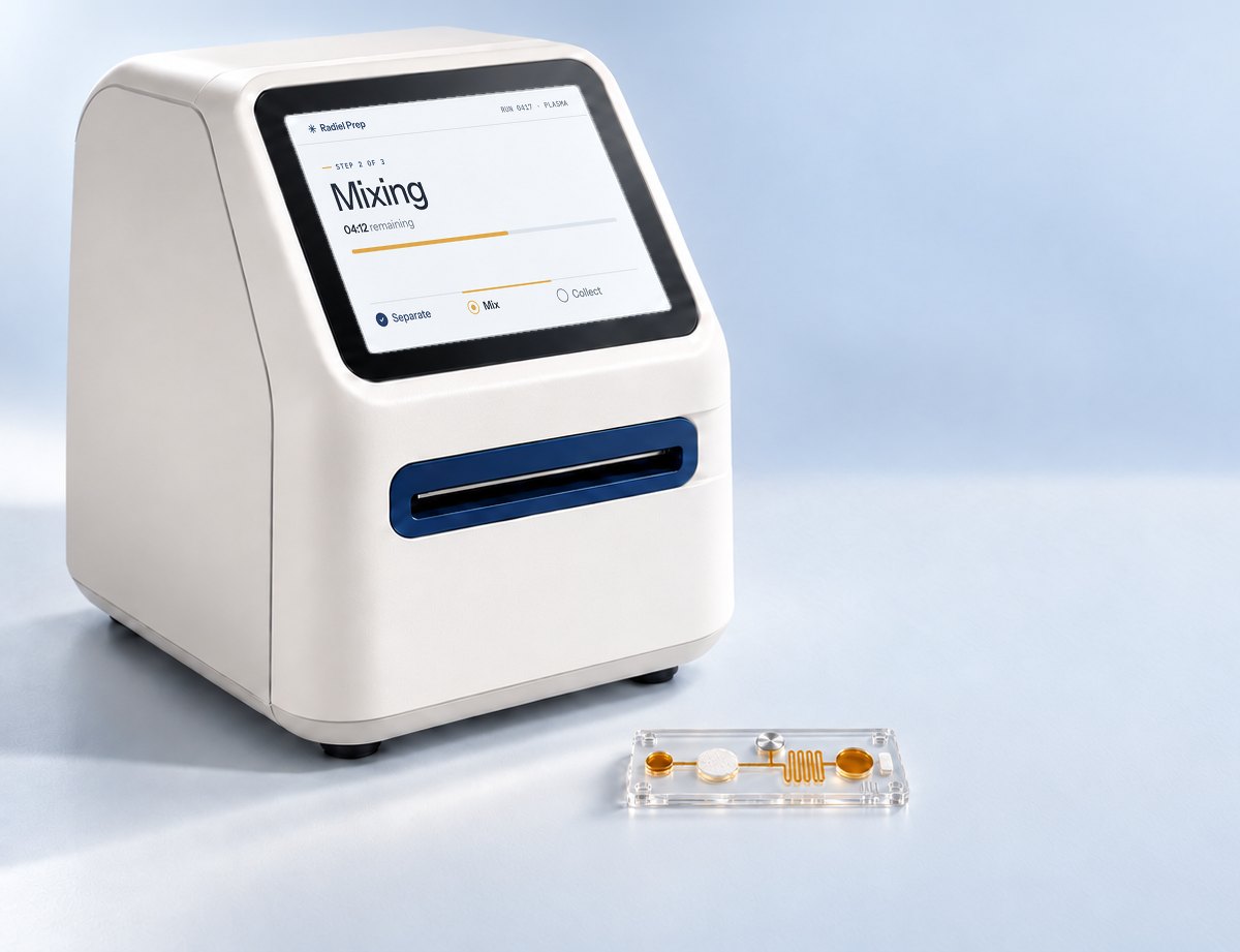 The Radiel Prep benchtop instrument with a transparent cassette holding golden plasma.